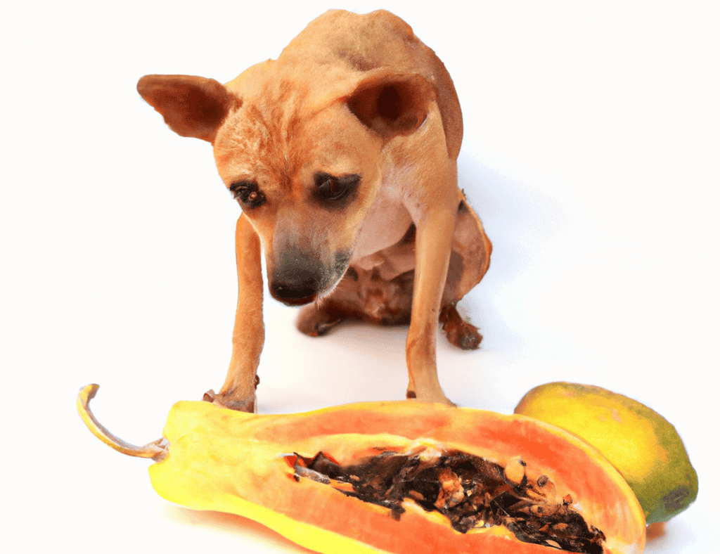 A curious dog inspecting rotting papaya and moldy fruit, highlighting pet toxicity risks.