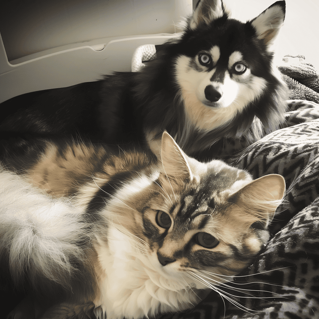 Husky dog and fluffy tabby cat resting peacefully on a bed, showcasing pet companionship and comfort.