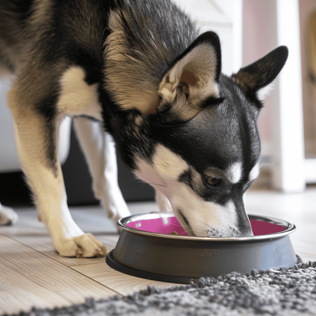 Happy Siberian Husky eating from bowl.