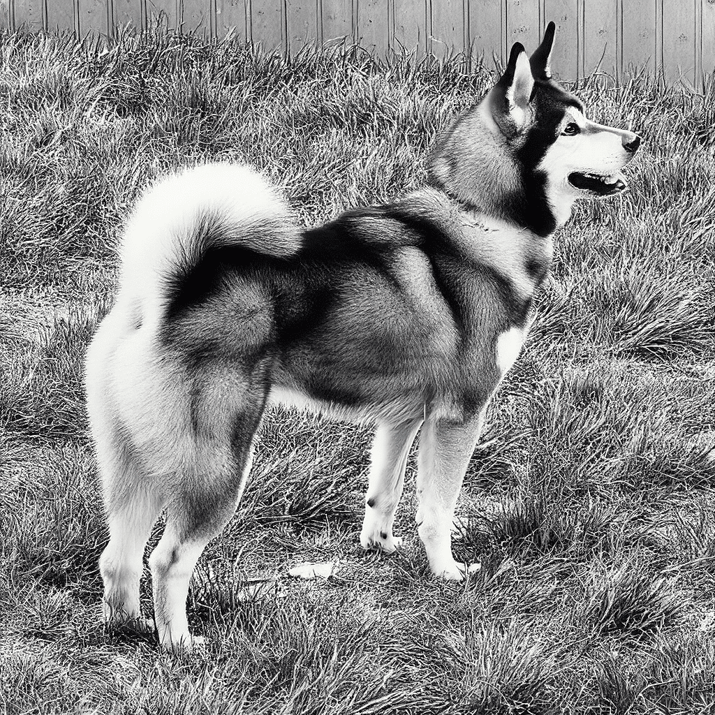 Siberian Husky standing in grassy yard, happy and alert, showcasing vibrant dog personality.