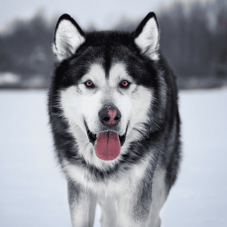 Snowy Siberian Husky with striking blue eyes in winter landscape.