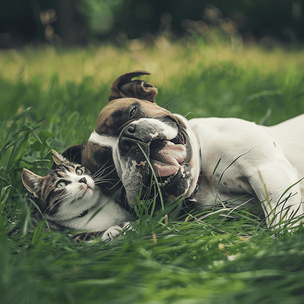 Adorable dog and cat relaxing together on a grassy field, showcasing friendship.