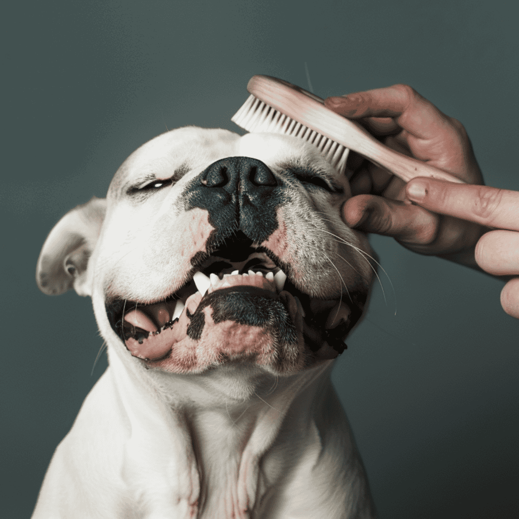 Dog getting a brushing, happy and relaxed dog grooming session.