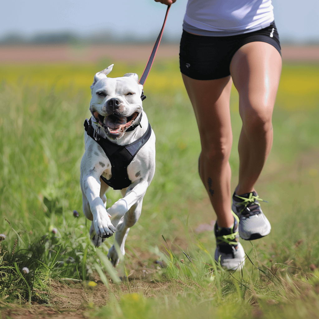 Happy dog running with owner on trail in grassy field.