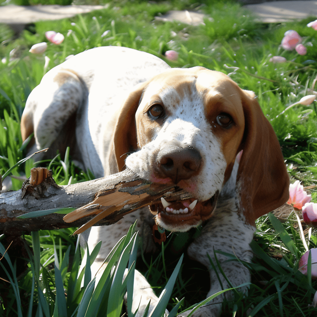 Dog chewing a stick in a lush garden with pink flowers, enjoying playful outdoor activity.