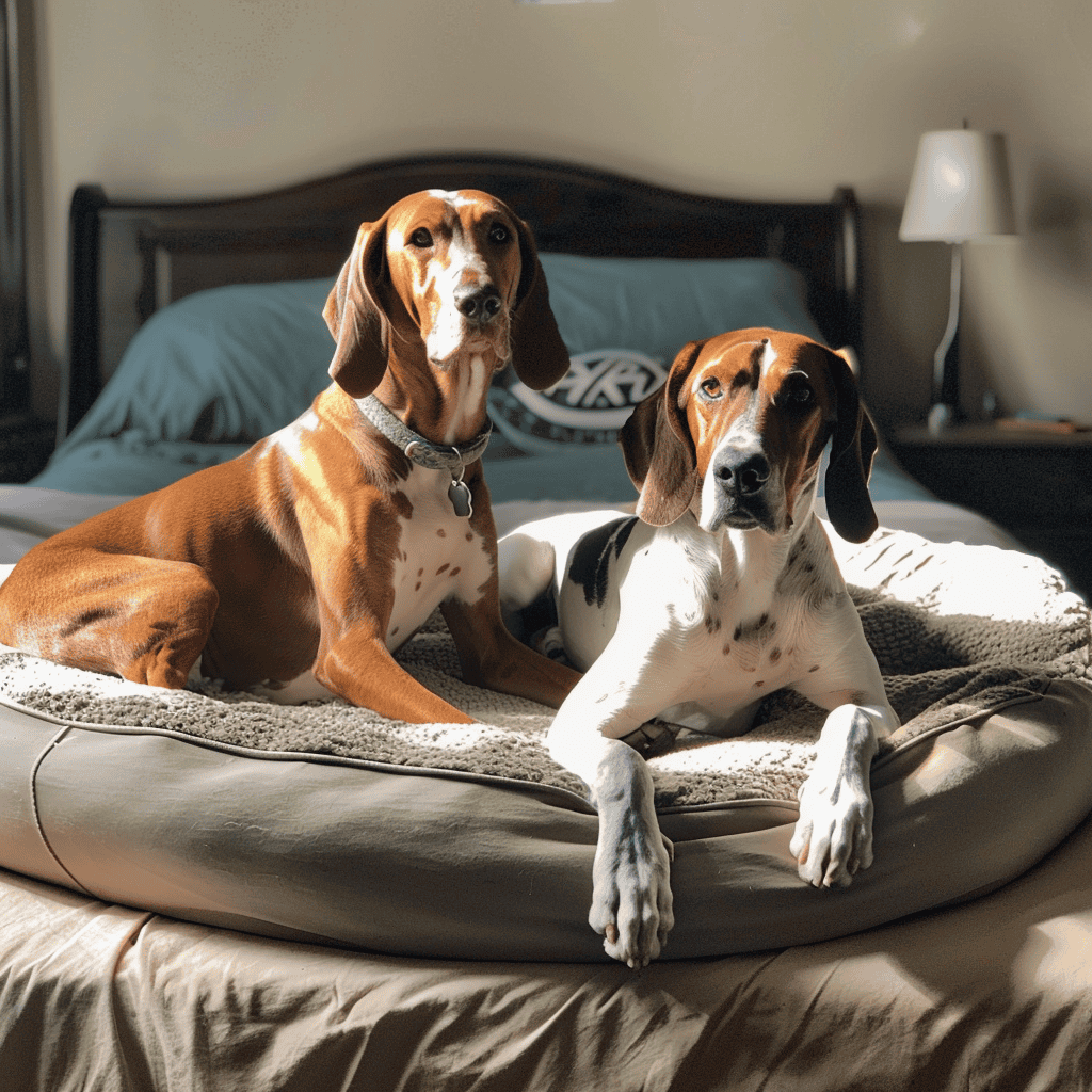 Beautiful dogs relaxing indoors on a cozy bed with sunlight.