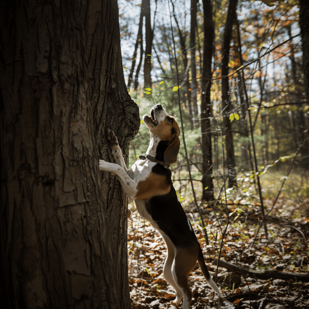 Dog climbing a tree in forest.