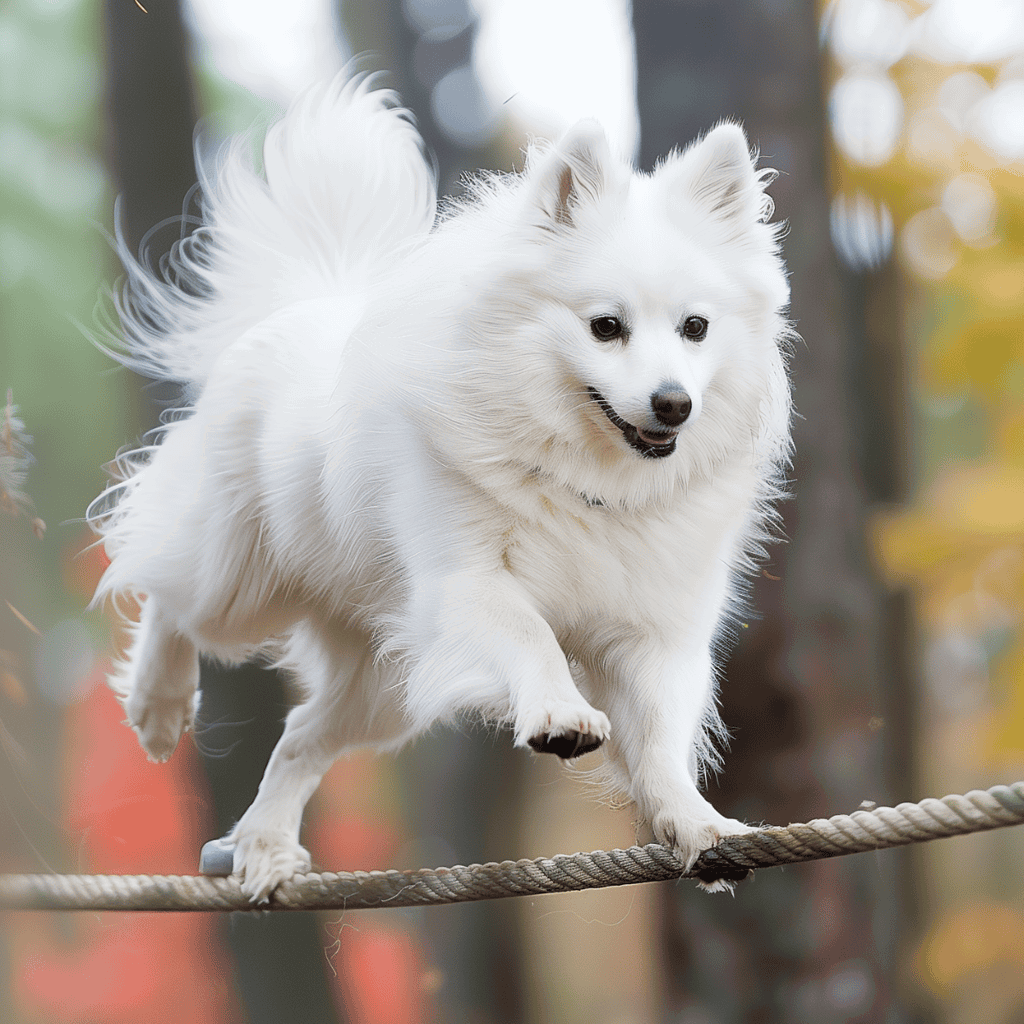 Adorable white Samoyed dog happily running on an outdoor leash, fluffy coat and joyful expression.