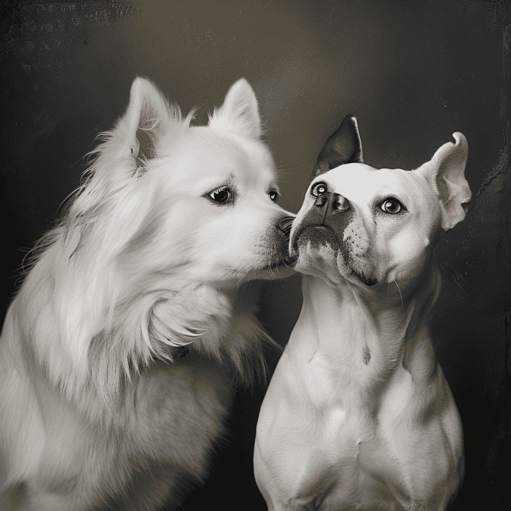 Adorable dogs sharing a tender moment, showcasing their bond and connection. Perfect for pet care and pet bonding topics.
