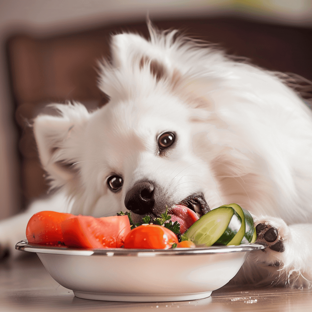 Dog enjoying fresh vegetables, healthy pet meal, natural ingredients, for optimal pet nutrition.