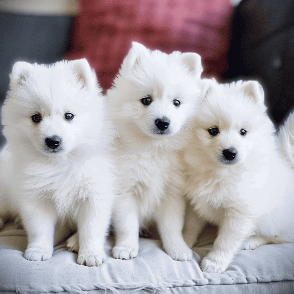 Young cute Samoyed puppies, white fluffy and adorable, sitting on a soft blanket.