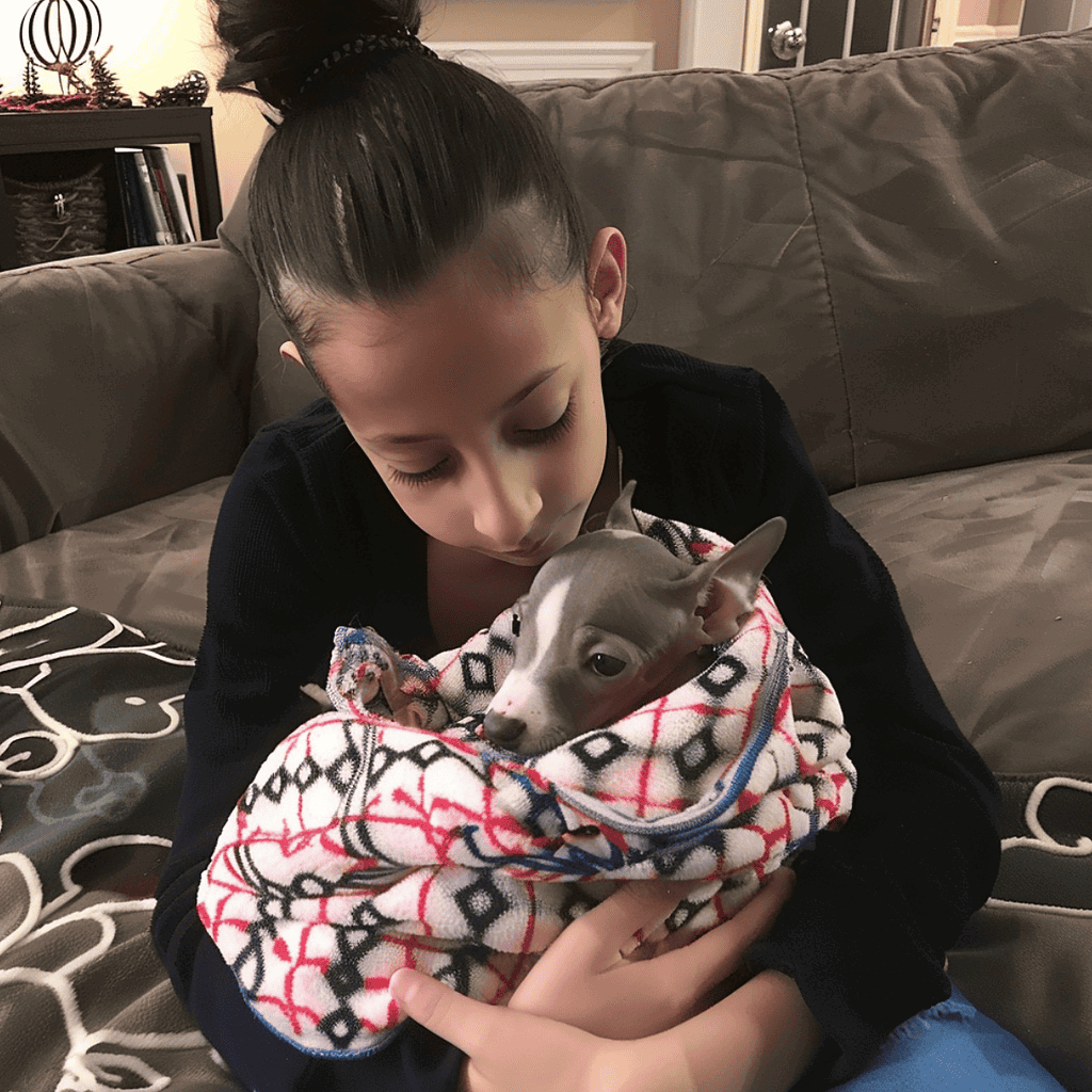 Adorable young girl cuddling a small puppy wrapped in a colorful blanket on a cozy sofa.