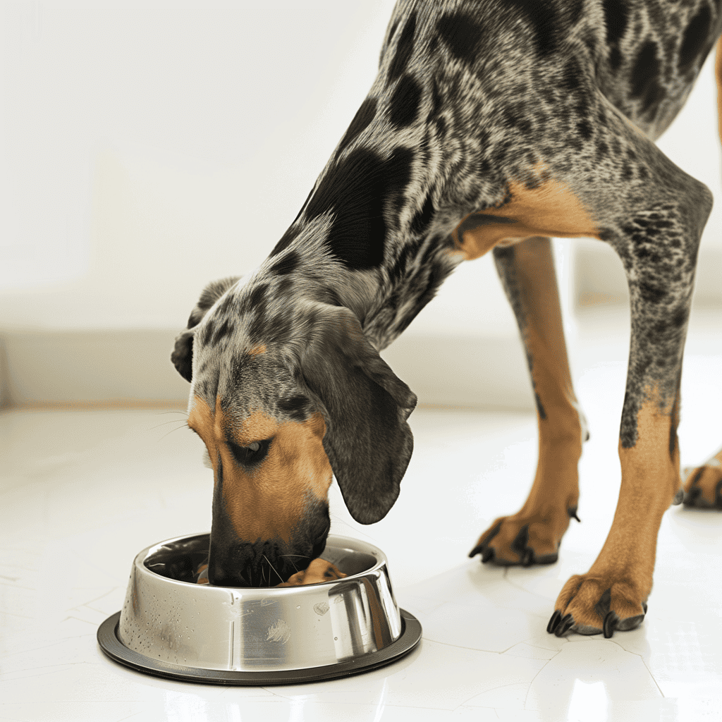 Dachshund dog eating from a stainless steel bowl on the floor.
