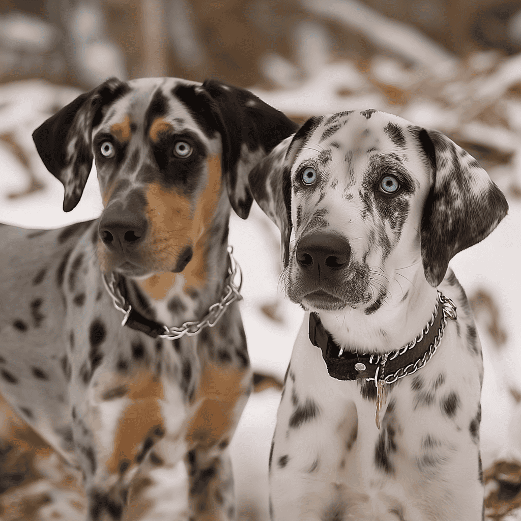 Adorable Dalmatian dogs with striking blue eyes in snowy landscape, showcasing active dog care and training.