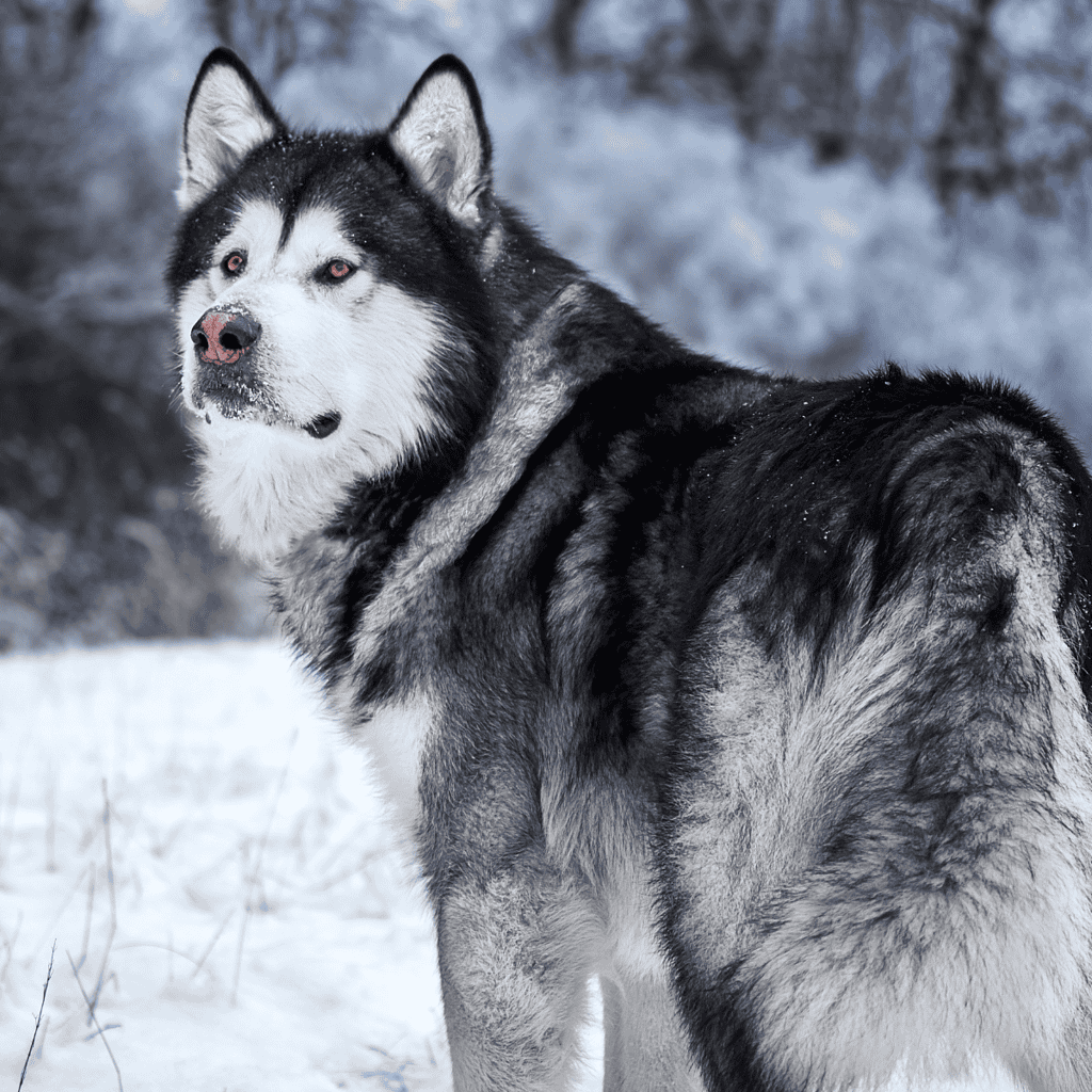 Husky in winter snow, outdoor dog photography of Siberian Husky in a snowy setting.