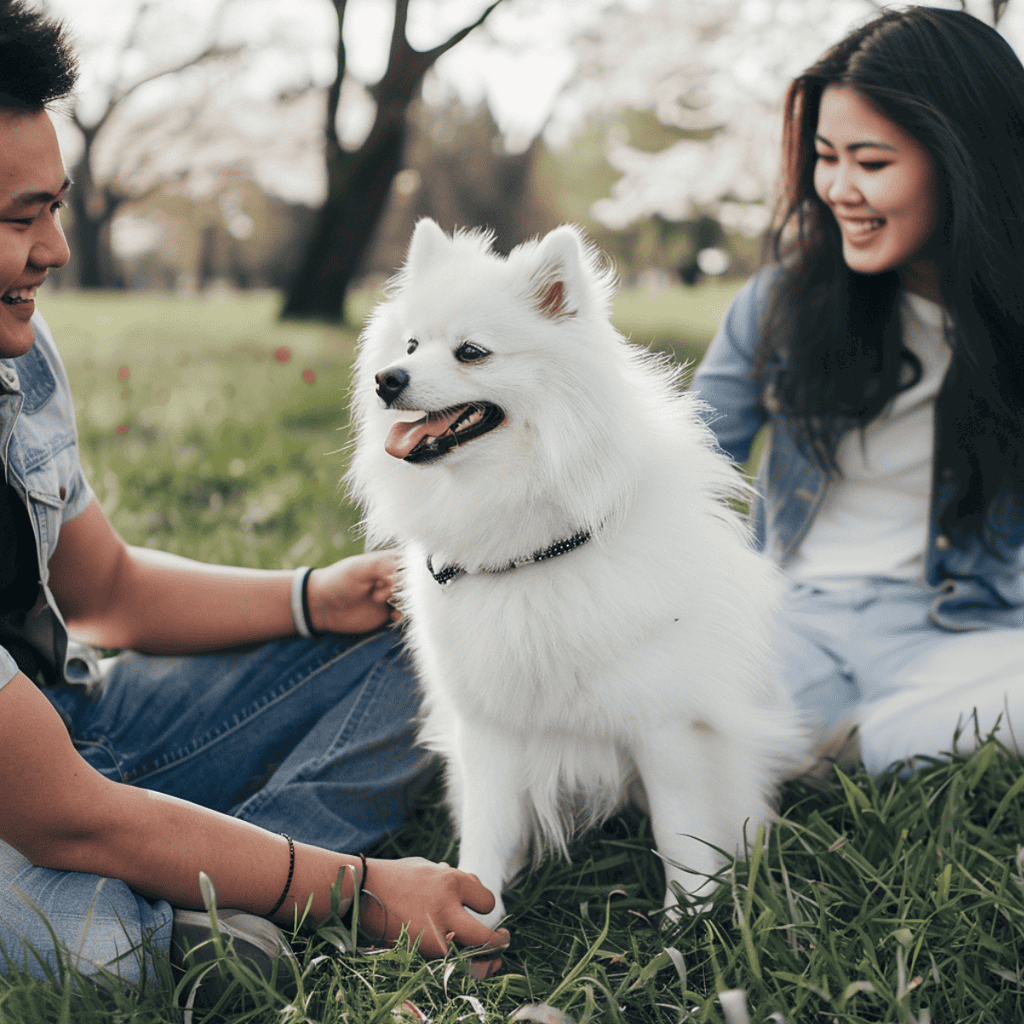 Happy dog with two people in a park during daytime.