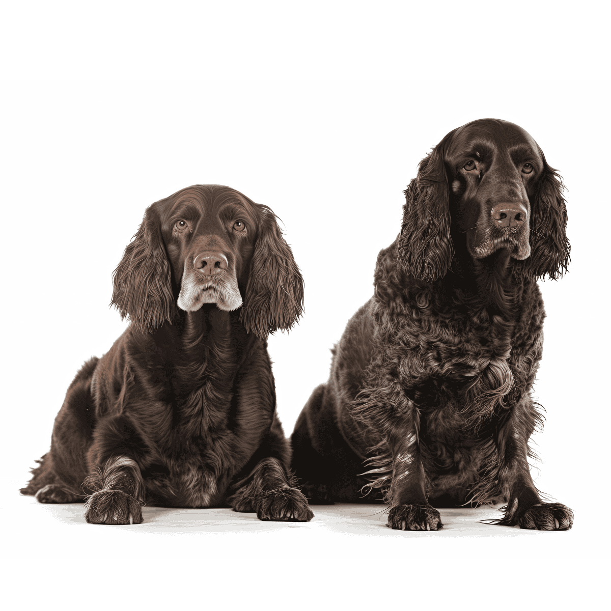 Adorable English Springer Spaniel dogs sitting side by side, showcasing friendly and loyal companions for dog owners.