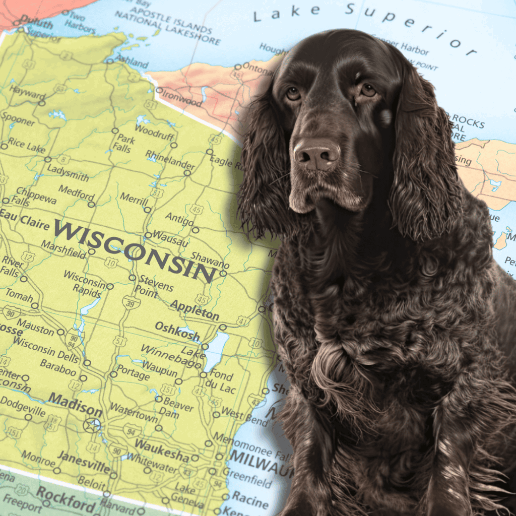 Brown Cocker Spaniel dog in front of a Wisconsin map.