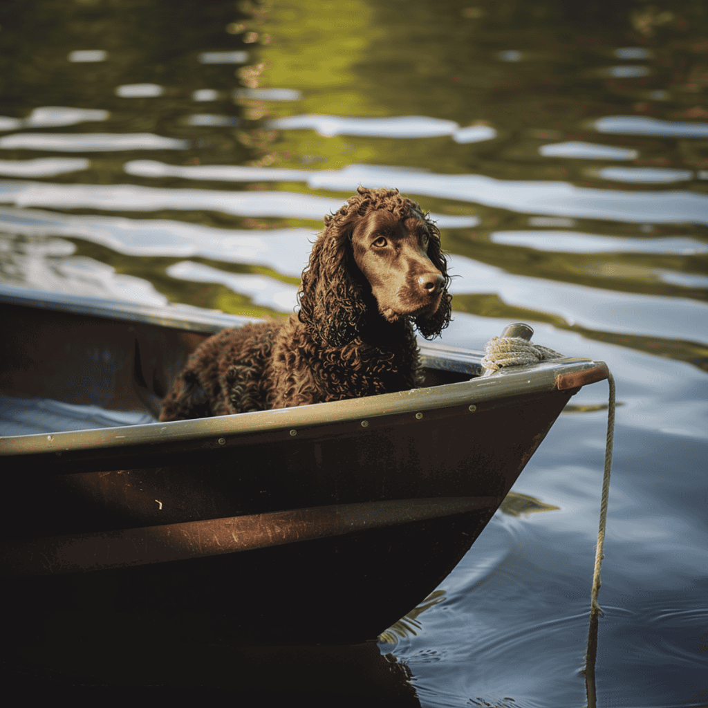 Adorable brown curly-coated dog sitting in a boat on a lake or river. Perfect for dog lovers and pet care content.