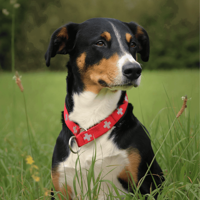 High-quality image of a tri-color dog sitting in grass with a red collar featuring white cross symbols.