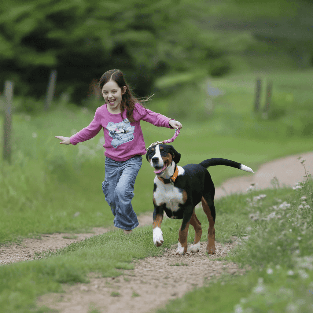 Happy girl running with dog on nature trail outdoors.