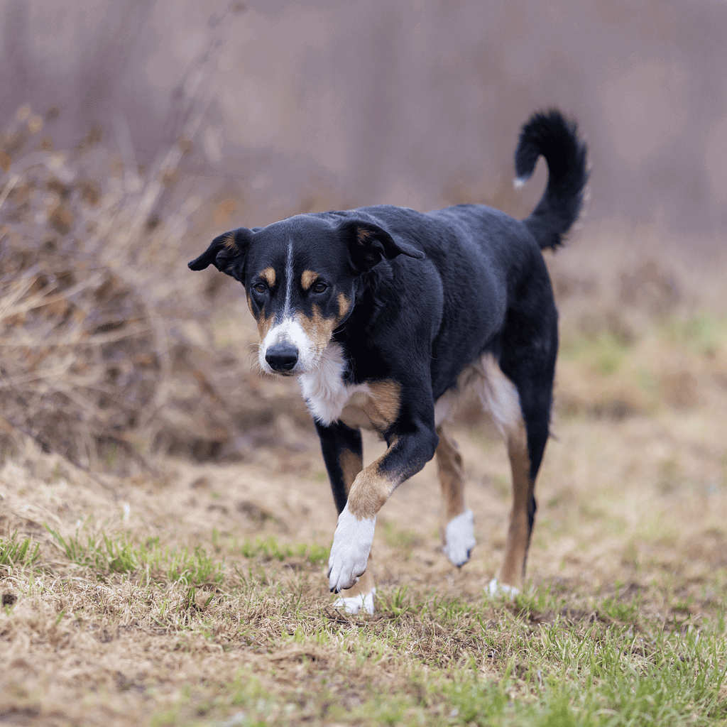 Adorable mixed-breed dog walking in the park, enjoying fresh air and outdoor adventures.