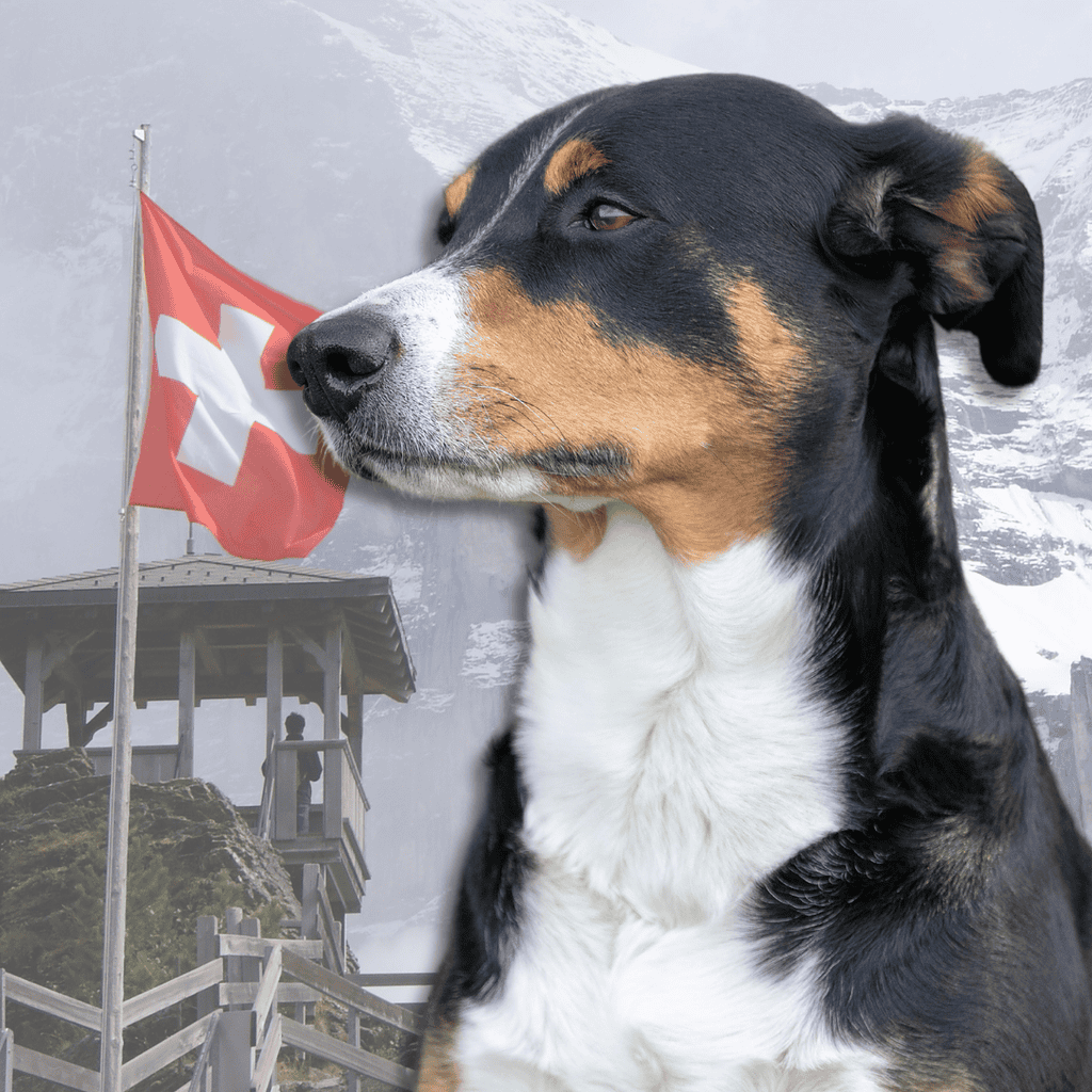Close-up of a tri-color Swiss mountain dog with the Swiss flag background, mountain landscape.