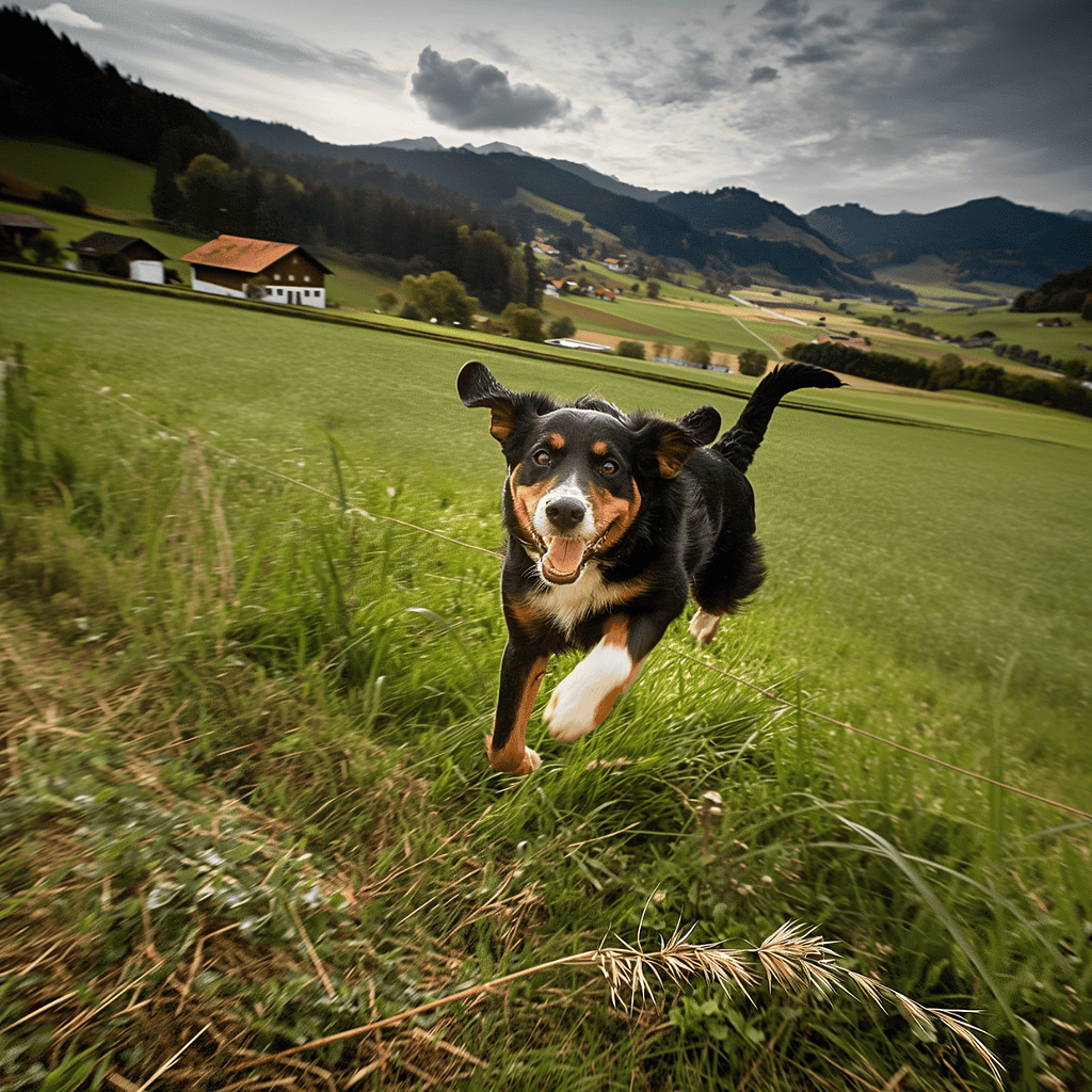 Happy dog playing outdoors in a lush green pasture, enjoying freedom and exercise on a beautiful rural landscape.