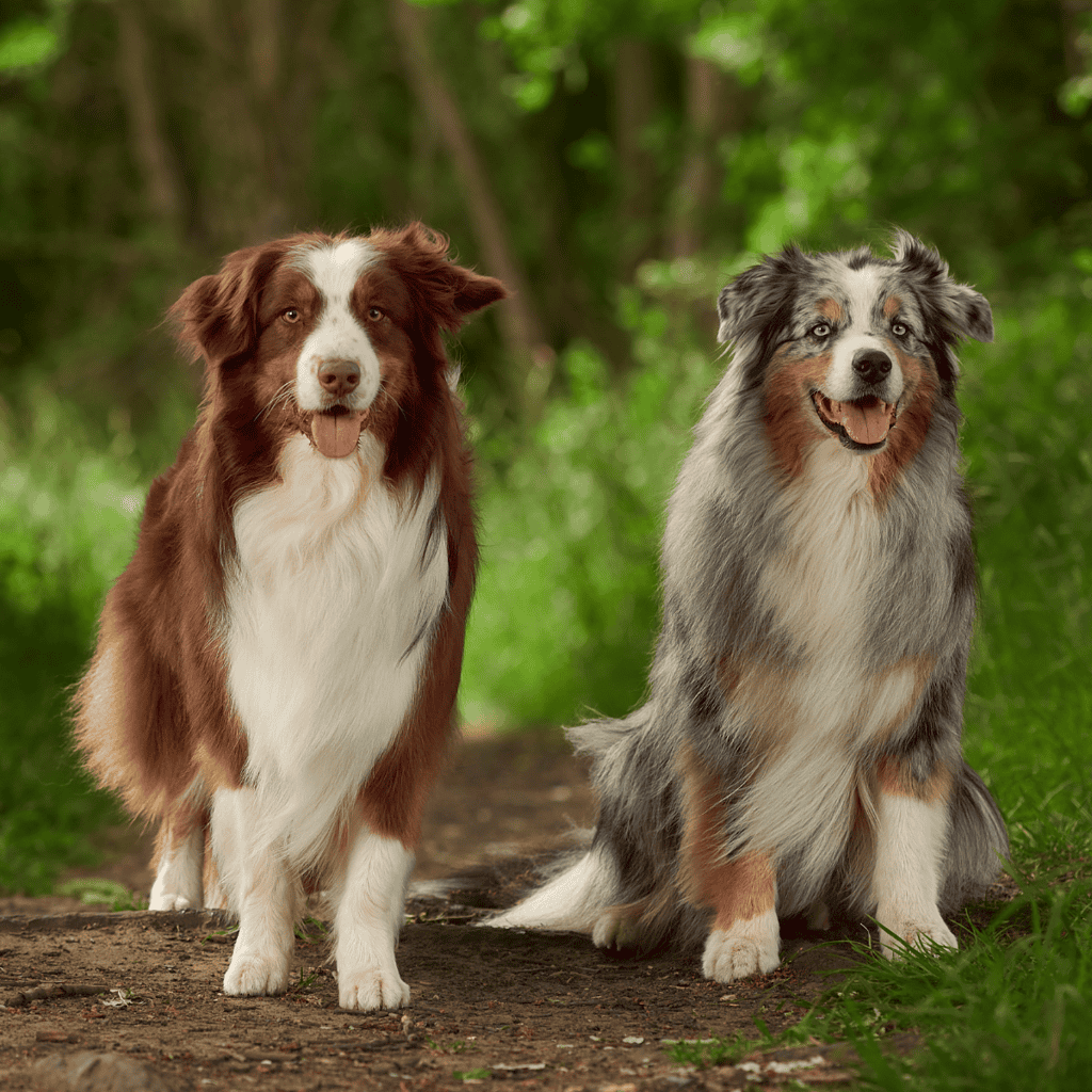 Adorable Australian Shepherd and Bernese Mountain Dog sitting outdoors in a lush green forest setting.