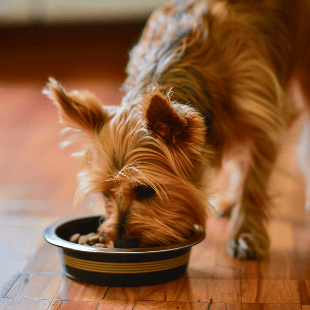 High-quality image of a small dog eating food from a bowl on a wooden floor, showcasing pet nutrition and care.