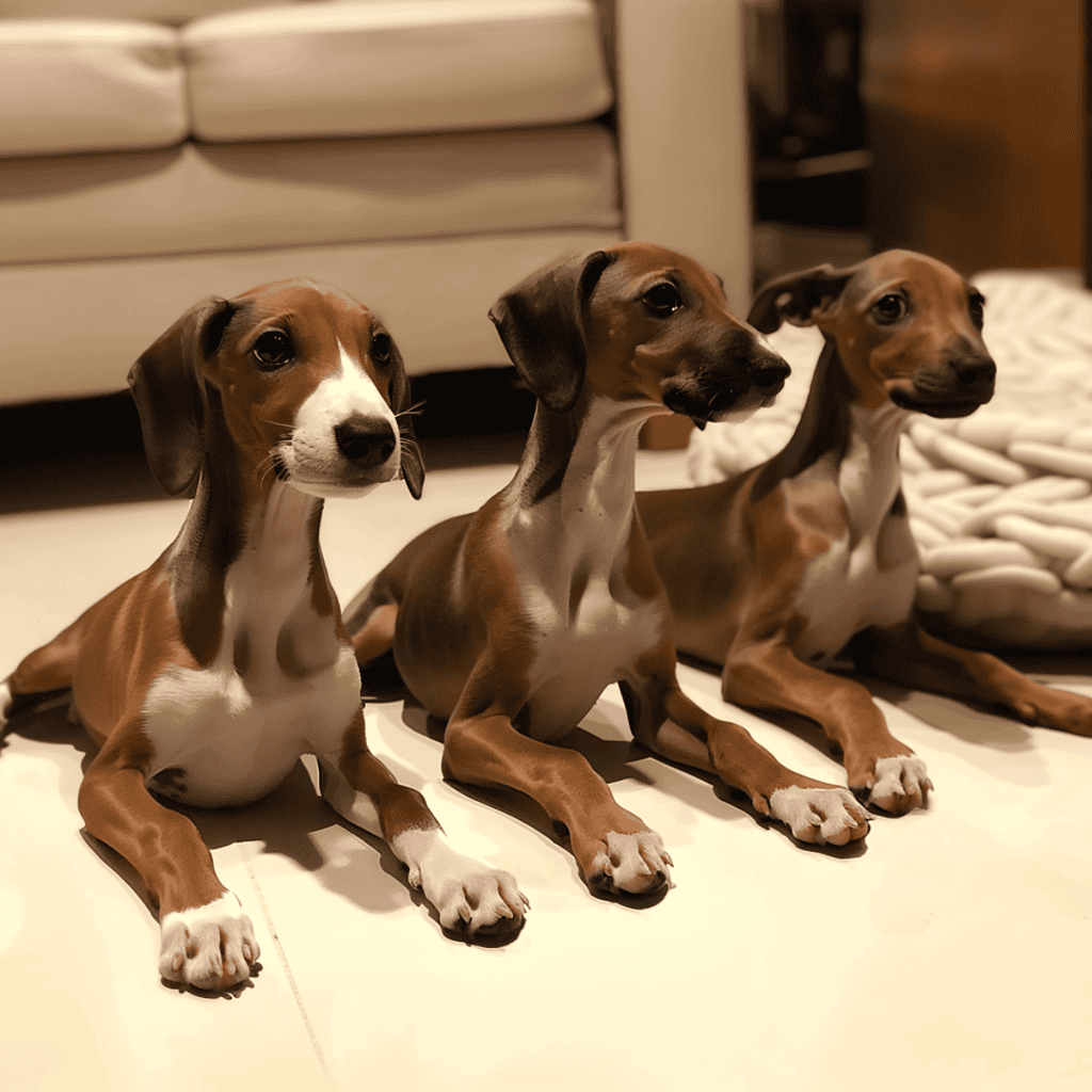 Adorable brown and white whippet puppies sitting on the floor indoors.