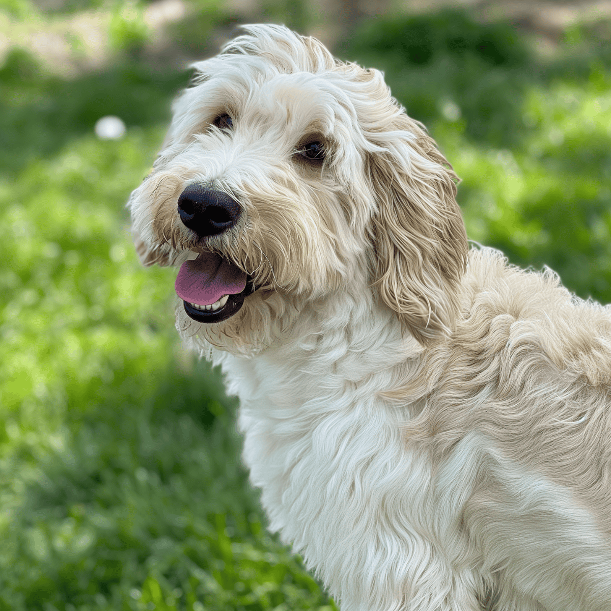 Adorable Golden Doodle enjoying a sunny day in the park, showcasing friendly and playful nature.