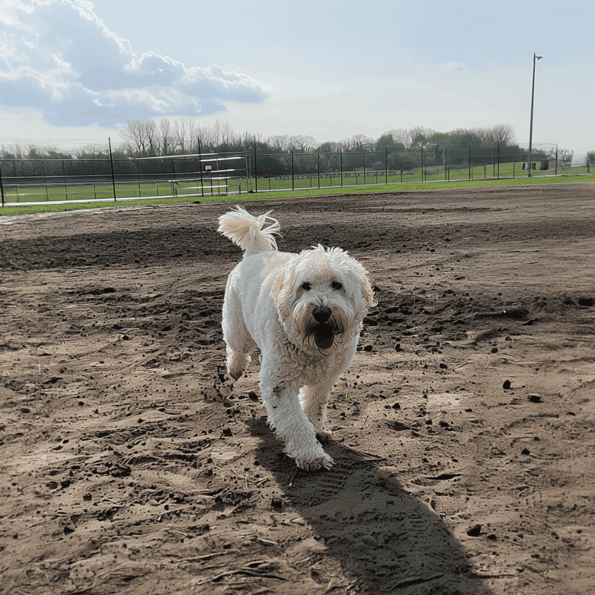 Dog running happily on outdoor dirt field, enjoying exercise and outdoor activities.