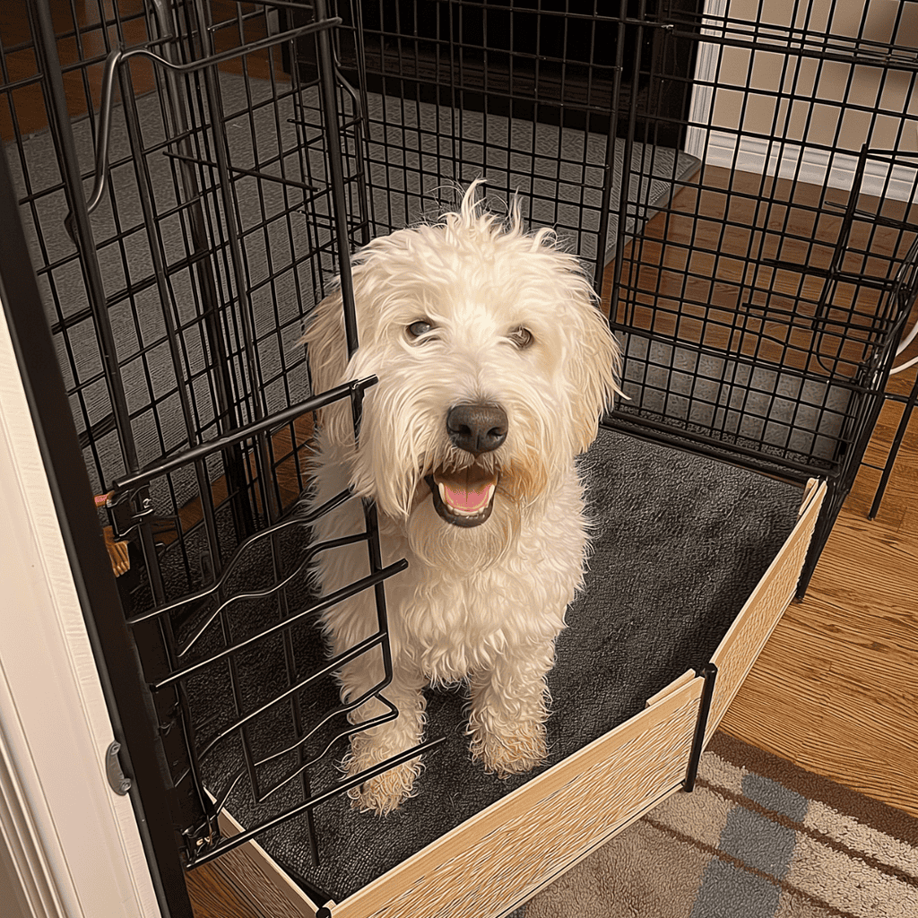 Happy dog in a pet crate at home.