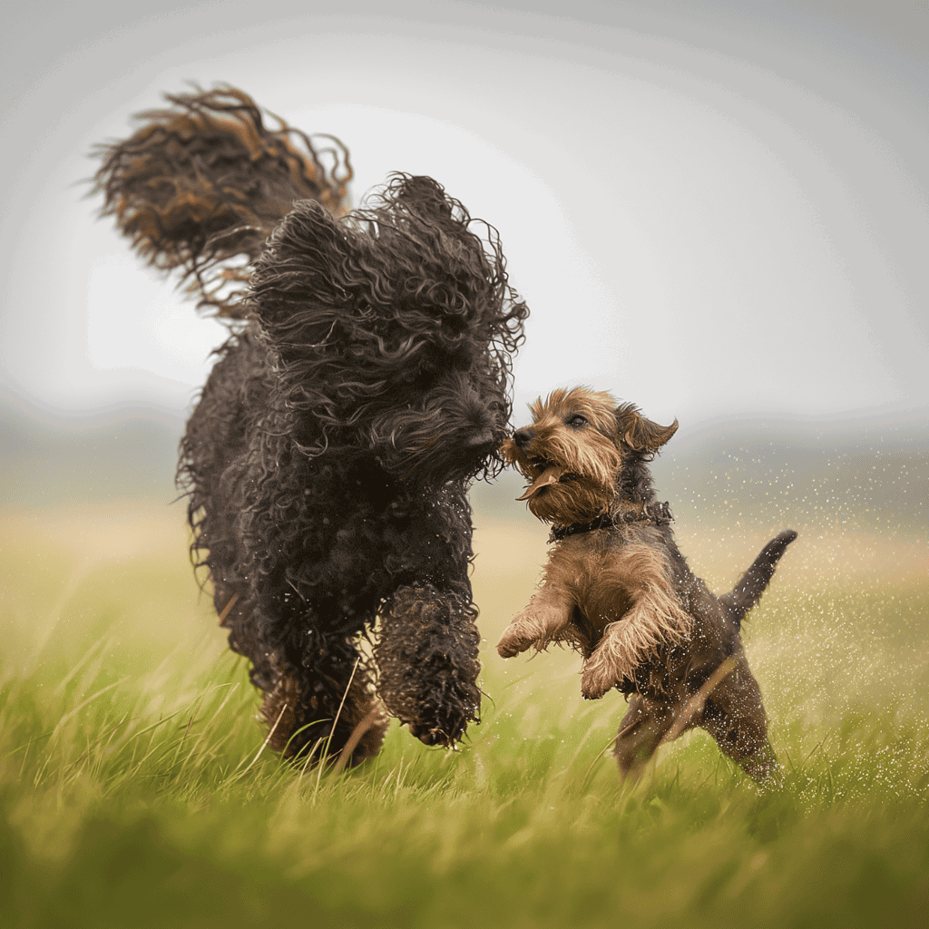 Two dogs playing and chasing each other outdoors on a grassy plain.