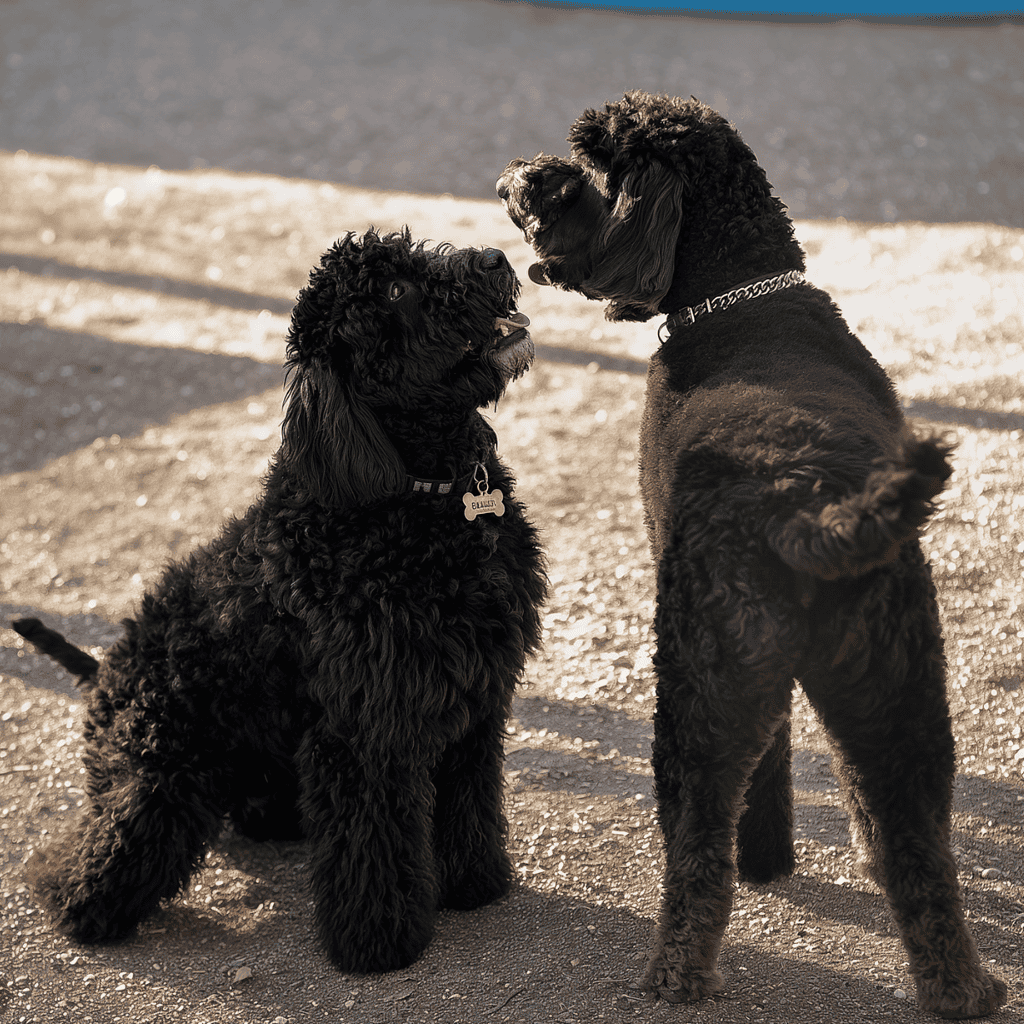 Adorable black poodles interacting outdoors, showcasing their playful and friendly nature. Perfect for dog lovers and pet care enthusiasts.