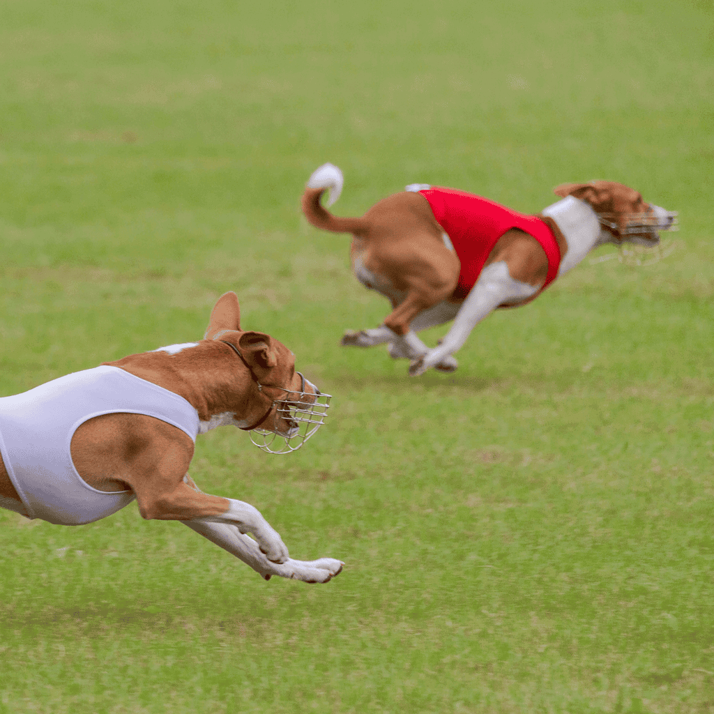 Fast-paced dog race with muzzles on, energetic sports activity for racing dogs.