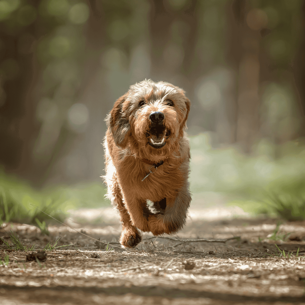 Dog running happily on a trail in the woods.