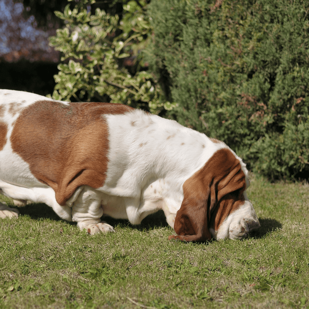 Adorable Basset Hound dog lying on the grass, enjoying the outdoors in a lush garden setting.