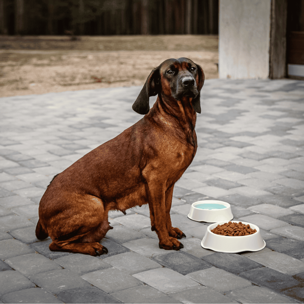 Alt text: Dappled brown and black dachshund sitting by two white food bowls on a brick patio.