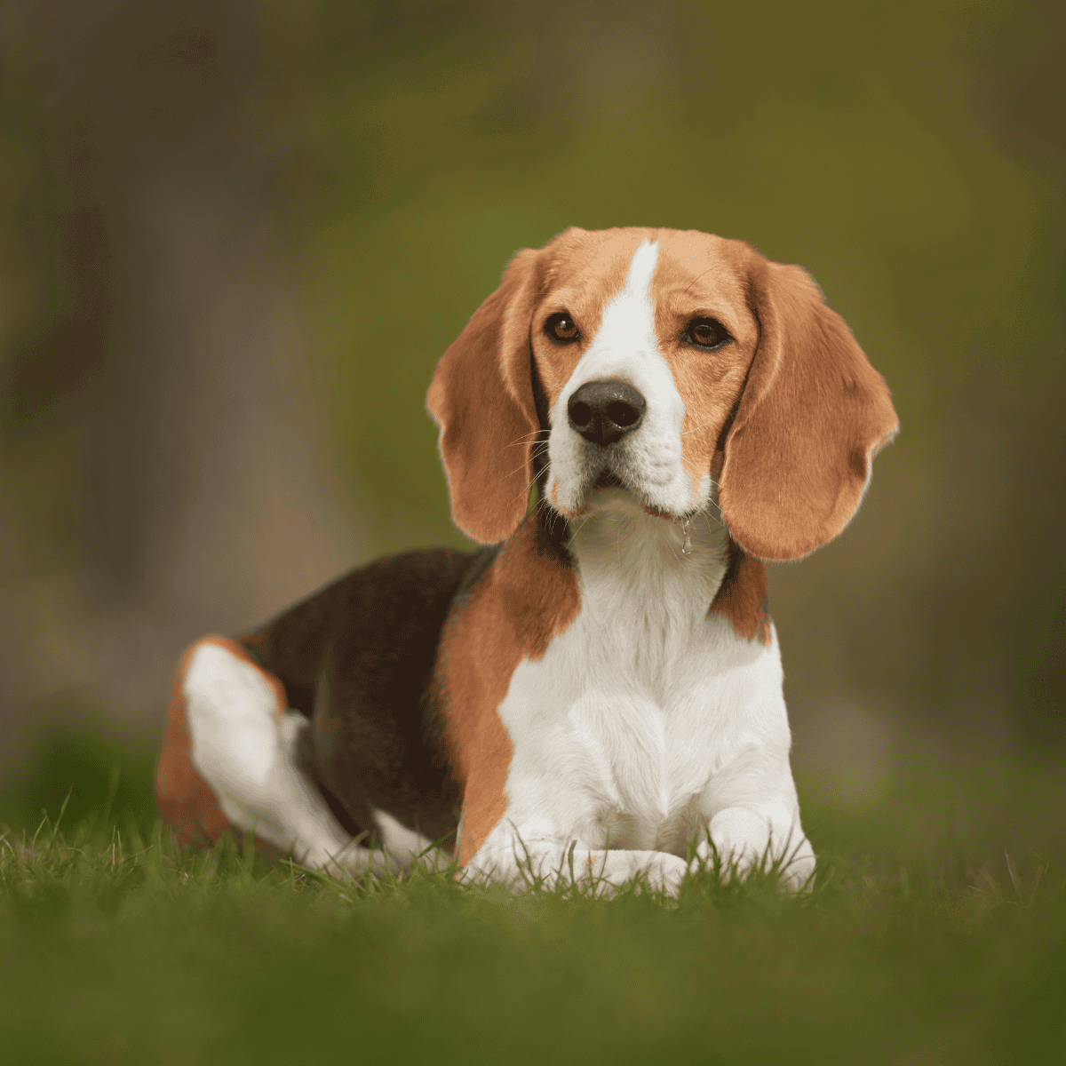 Adorable Beagle with floppy ears, lying on green grass in natural setting.