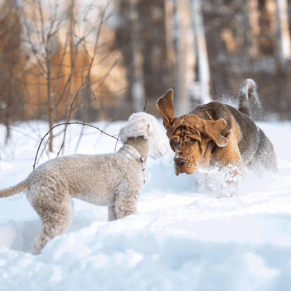 Dogs playing and running in fresh winter snow outdoors.