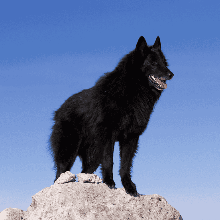 Black Belgian Sheepdog on rocky peak against blue sky.