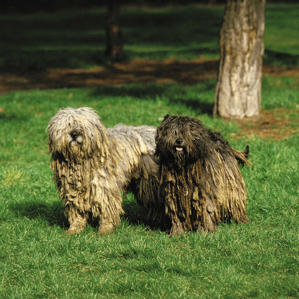 AD: Two fluffy Old English Sheepdogs sitting on a lush green lawn with trees in the background.