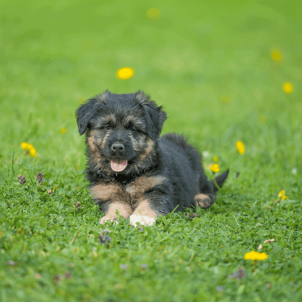 Adorable puppy resting outdoors on lush green grass with yellow flowers.