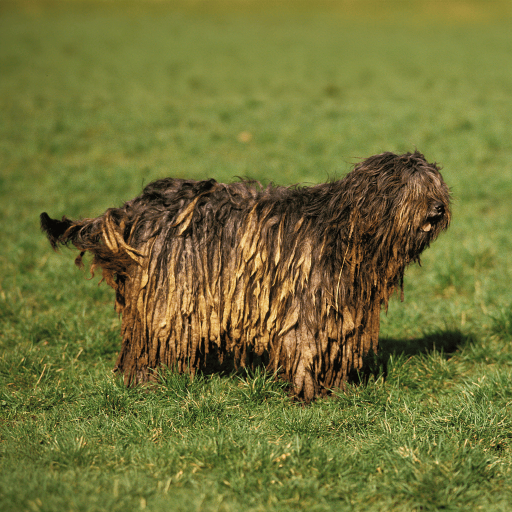 A dog covered in mud with long, wet, matted fur standing on green grass.