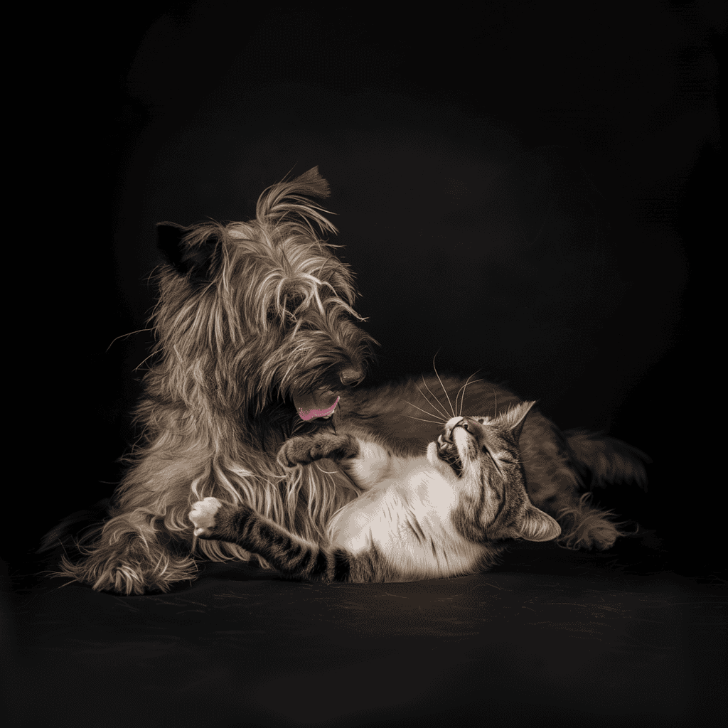 Cute dog and cat cuddling against black background.