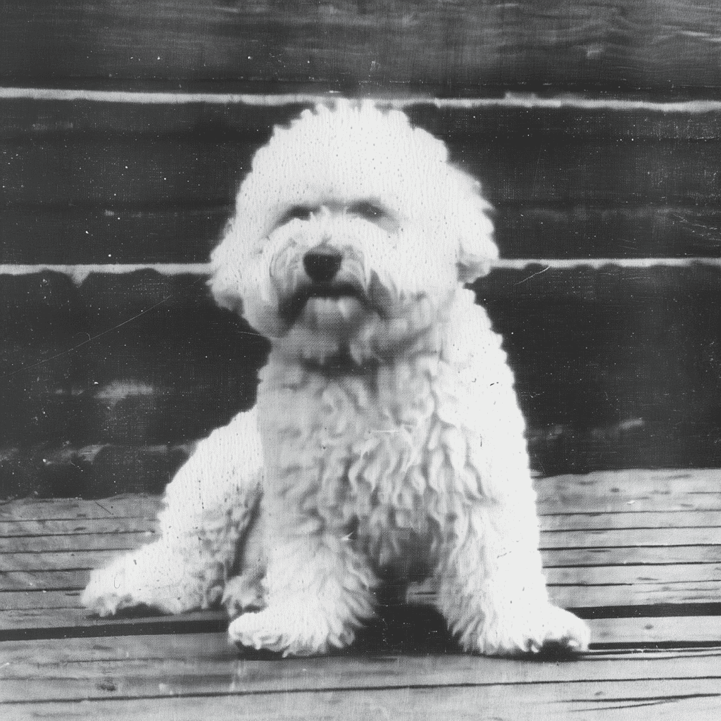 Adorable fluffy sheepdog puppy sitting on wooden deck, black and white photo, perfect for dog lovers.