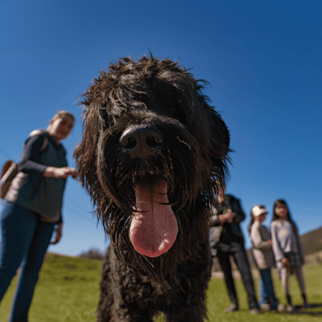 Large, playful dog enjoying a sunny day with friends in a park.