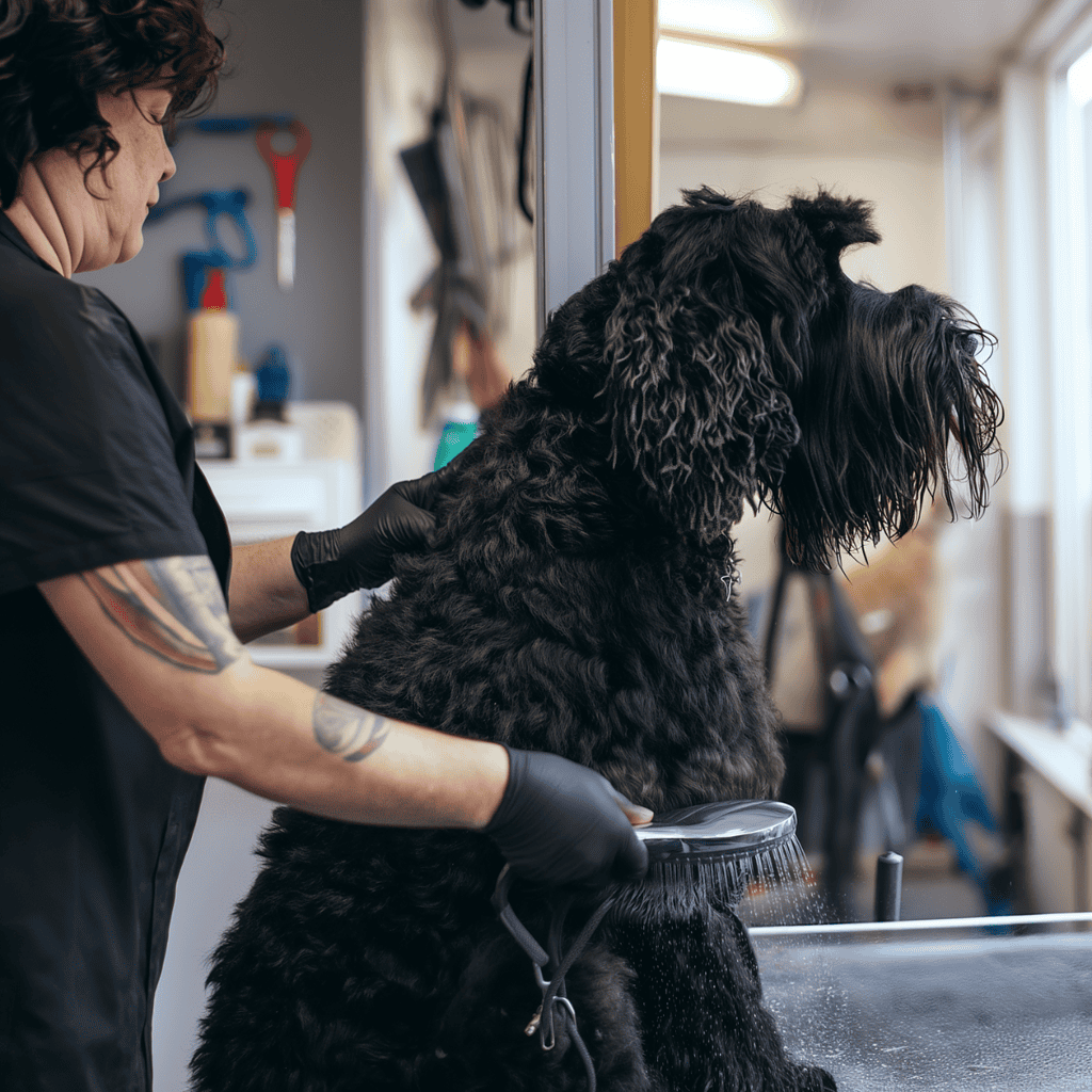 Dog grooming in progress at a professional pet salon.